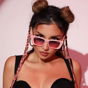 Chic pink thick-frame rectangle sunglasses with gradient lenses for a Y2K aesthetic style