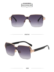 Detail view of square rimless sunglasses with gradient lenses and gold metal accents