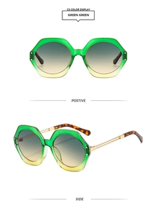 Front and side view of hexagonal sunglasses with green gradient lenses and gold temples