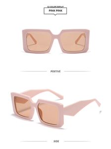 Detailed front and side views of pink thick-framed square sunglasses with orange lenses