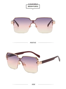 Detail view of semi-rimless sunglasses with brown purple gradient lenses and gold frame