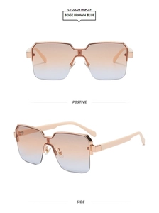 Detail view of semi-rimless sunglasses showing beige brown blue gradient lenses and frame