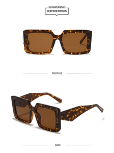 Detail view of leopard print square sunglasses with dark brown lenses from front and side angles
