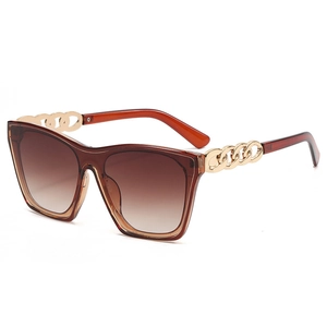Fashion square frame sunglasses with golden metal chain temples and brown gradient lenses