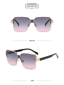 Detail view of geometric oversized rimless sunglasses with rose gold metal and gradient lenses