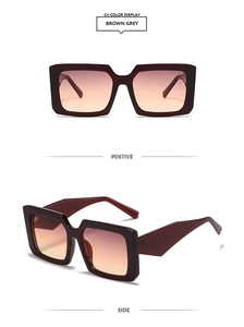 Detail view of square brown grey frames with wide geometric temples and gradient lenses
