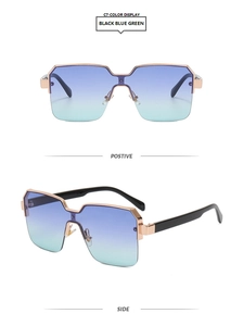 Detail of semi-rimless gold metal sunglasses with blue-green gradient lenses