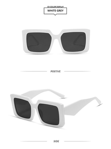 White thick frame square sunglasses with grey lenses shown in front and side views