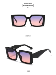 Front and side views of stylish square black frames with purple-pink gradient lenses