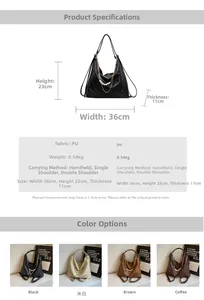 Detailed size chart and multi-color options for oil-wax leather tote bag with pearl chain