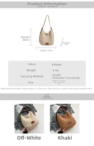 Size chart for knit tote bag showing dimensions 33x30x2cm and cream khaki color options
