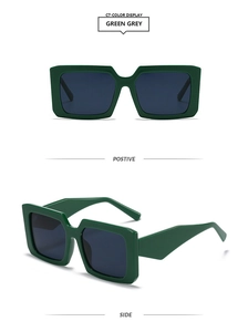 Macro side and front view of retro square green grey sunglasses with wide temples
