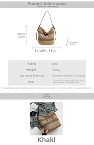 Specifiche dettagliate e dimensioni della borsa tote in paglia intrecciata kaki con design RLY