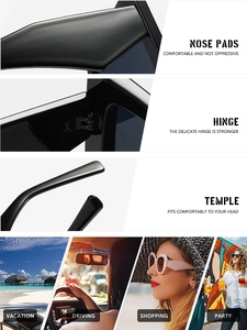 Detailed close-up of ergonomic nose pads, sturdy hinges and temples of square sunglasses