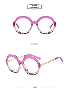 Detail of oversized hexagonal frames with purple gradient and leopard print elements