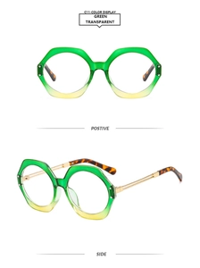 Detailed front and side view of geometric green and yellow gradient eyewear with gold arms