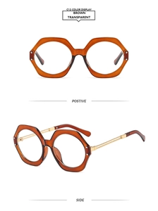 Detail view of transparent brown polygon sunglasses frame showing front and side profile