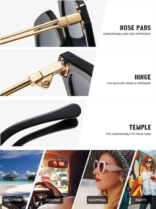 Macro shot of reinforced golden hinges and integrated nose pads on black oversized sunglasses