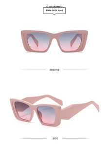 Pink square sunglasses with gradient lenses shown in front and side detail views