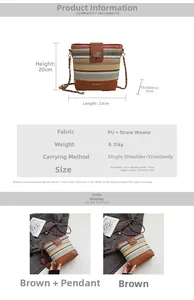 Detailed view of woven straw bucket bag with PU leather base and strawberry charm
