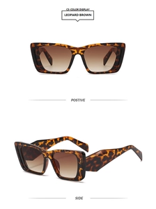 Detailed front and side view of leopard print square sunglasses with gradient brown lenses
