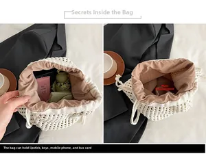 Macro shot of knit drawstring bag interior with items like a phone and small umbrella