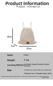Detailed size chart for the knitted drawstring mesh tote bag with 38cm height and 35cm width
