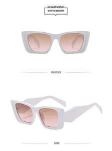 Macro view showing white square frame and brown gradient lenses of the sunglasses