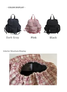Vue détaillée de l'intérieur du sac à dos à carreaux avec étiquette et texture du tissu