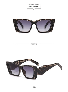 Detail view of square grey leopard print sunglasses with gradient lenses and thick temples