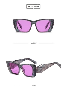 Detail of square marble pattern sunglasses frame with vibrant purple tinted lenses