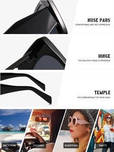 Detail view of square sunglasses showing reinforced hinges and comfortable nose pads