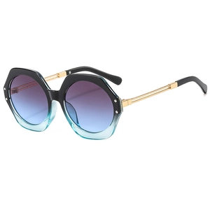 Fashionable oversized hexagonal sunglasses with gradient lenses and gold metal temples