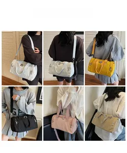 Collage of fashion nylon barrel bags showing multiple colors on models for daily use