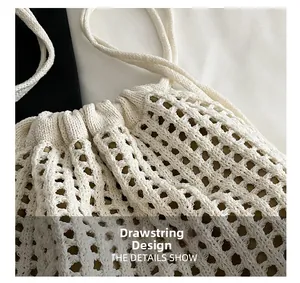 Detail shot of woven mesh backpack with olive green lining and drawstring closure