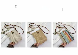 Detailed view of woven phone bags in off-white, khaki, and vibrant colorful stripes