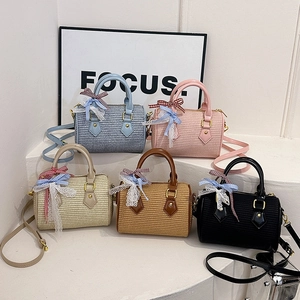 Sac Boston Tissé Pour Femmes Cuir PU Baril Sac À Bandoulière Avec Noeud À Carreaux Et Dentelle Sac À Main Mode