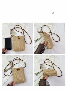 Detailed multi-angle views of a mini straw woven phone bag with round button closure