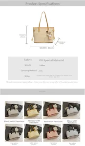 Detailed view of striped tote bag dimensions and eight color options for daily commute