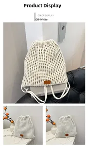 Detail of off-white crochet drawstring backpack with mesh texture and brown leather logo