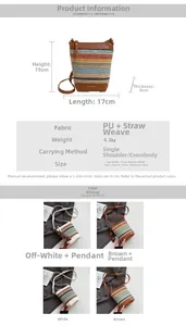 Detail showing dimensions of straw bucket bag with weaving texture and color blocking