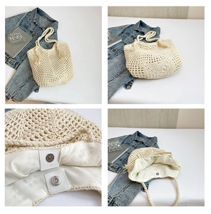 Close-up details of cream crochet tote bag showing woven texture and magnetic metal clasp