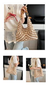 Close-up of geometric woven tote bag featuring vintage wooden bead handles and knit pattern