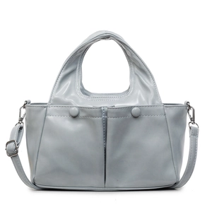 Retro light blue-grey bucket bag in matte PU leather with dual front pockets and shoulder strap