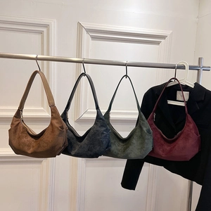 Vintage PU Artificial Suede Hobo Shoulder Bag For Women Urban Minimalist Crescent Underarm Bag Frosted Texture Tote Bag
