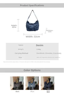 Detailed size chart and multi-color comparison of the vintage denim tote shoulder bag