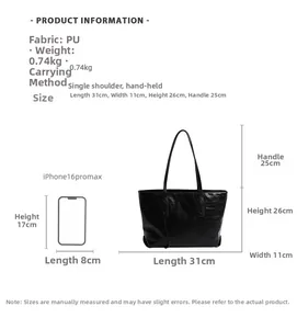 Detailed size specifications of black crocodile pattern PU leather tote bag with dimensions