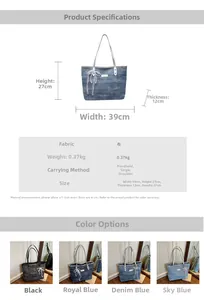 Tabella taglie dettagliata e opzioni colore per borsa tote in denim con misure