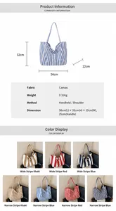 Detailed dimensions and color options for the large striped canvas commuter tote bag