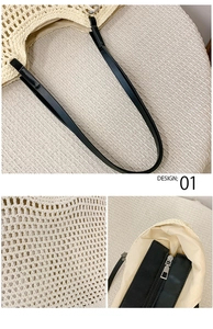 Detail of woven mesh texture with slim black leather strap and internal zipper closure